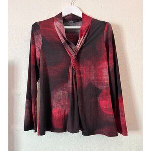 Robert Kitchen Scarf Neck Long Sleeve Blouse Top Size Medium Red/Black Stretch